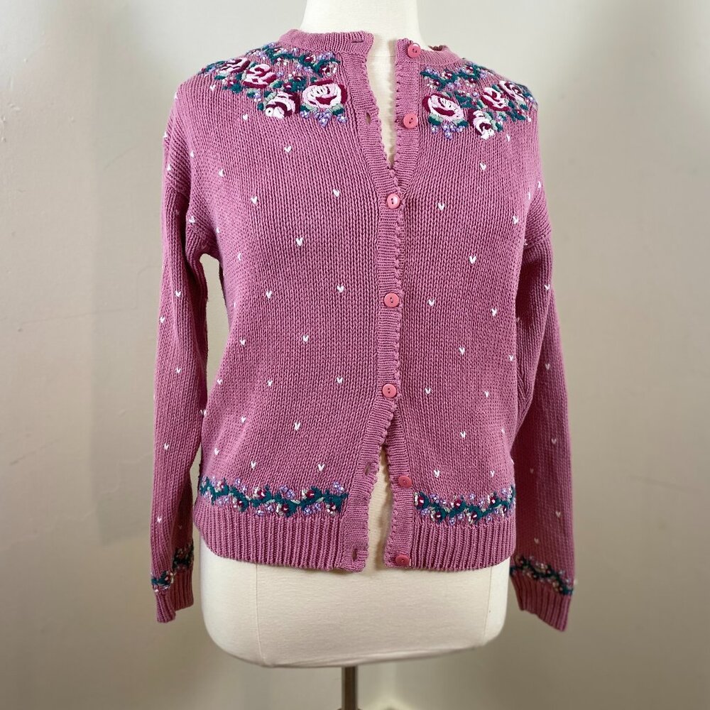 Cape Isle Knitters Floral Embroidered Cardigan Sweater Mauve Pink Vintage Granny